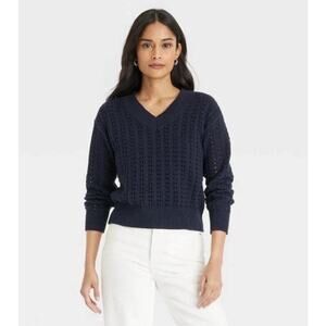 NWT Universal Thread Open Knit V-Neck Pullover Sweater Fisherman Small Navy